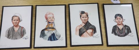 Mgsu Yatanabon, set of four watercolours, Portraits of Padaung men and women and Chin men and
