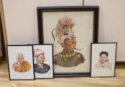 Mgsu Yatanabon, three watercolours, Studies of a Burmese monk, a Kachin girl and another girl,