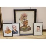 Mgsu Yatanabon, three watercolours, Studies of a Burmese monk, a Kachin girl and another girl,