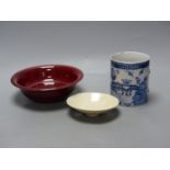A Chinese blue and white mug, height 13cm, a bowl and a dish,
