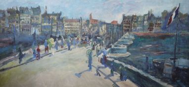 French School, oil on canvas, Harbour scene, 123 x 245cm