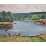 Nikolai Eltyshev (Russian), oil on canvas, Fun by the river, signed and dated 1972, 54 x 67cm