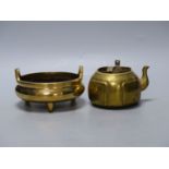 A Chinese bronze censor with Xuande mark, diameter 15cm, and a brass tea pot