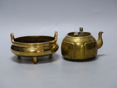 A Chinese bronze censor with Xuande mark, diameter 15cm, and a brass tea pot