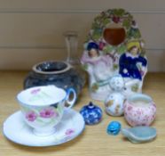 A group of ceramics including a Shelley cup and saucer, a Staffordshire flatback, a Wedgwood