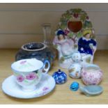 A group of ceramics including a Shelley cup and saucer, a Staffordshire flatback, a Wedgwood