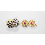 A pair of 9ct sapphire and diamond cluster set ear studs, gross 3.1 grams and a pair of yellow