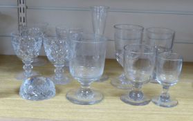 A small collection of wine and ale glasses, rummer height 15cm
