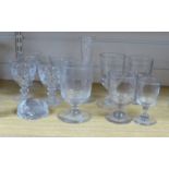 A small collection of wine and ale glasses, rummer height 15cm