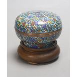 A 19th century Japanese blue ground cloisonne box on stand, height 9cm