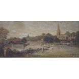 English School c.1900, oil on canvas, Bridge and weir over The Thames, 23 x 47cm