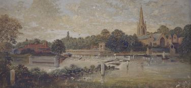 English School c.1900, oil on canvas, Bridge and weir over The Thames, 23 x 47cm