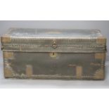 A 19th century Indo colonial leather and brass mounted travelling trunk, length 54cm, camphor wood