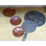 A Japanese lacquer makie three set of bowls and two mirrors, Edo to Meiji, tallest 32cm