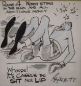 Roy Ullyett, original boxing cartoon, 'Whoops...Cassius, depicting the famous fight between