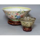 A Chinese plique a jour enamel bowl on stand, and a Chinese famille rose bowl on stand, largest