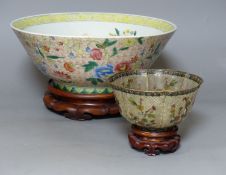 A Chinese plique a jour enamel bowl on stand, and a Chinese famille rose bowl on stand, largest