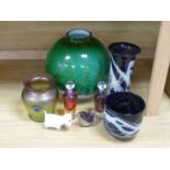 Two Adrian Sankey glass vases and a collection of studio glass, tallest 24cm