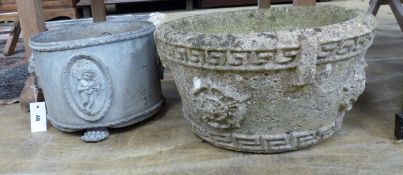 An Edwardian lead garden urn, diameter 33cm and a later composition planter, diameter 44cm