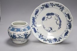 A Japanese Arita blue and white dish with scalloped edge, Dia 29cm and a modern Chinese jarpainted