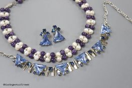 A modern amethyst bead and freshwater cultured pearls necklace and one other paste necklace and