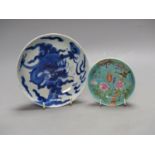 A Chinese blue and white dish, diameter 15.5cm, and smaller enamelled dish