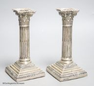 A pair of late Victorian silver Corinthian column dwarf candlesticks, Atkin Brothers, Sheffield,