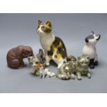 Two Winstanley ceramic cats, three others and a dog, tallest 23cm