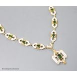 A modern stylish 925 gilt white metal, green paste and enamel set necklace, 50cm,gross 28 grams.