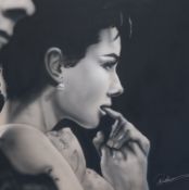 Jen Allen Palke, acrylic on canvas, Woman with a pearl earring, signed, 59 x 58cm.