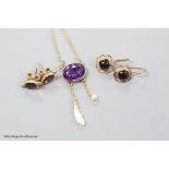 A 15ct amethyst and baroque pearl drop pendant (stone missing) and two pairs of yellow metal and