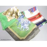 Three vintage Hermes silk scarves, 'Scarabee et Pectoraux' (gold, green, white), 'Carrousel' (green