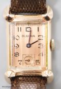 A gentleman's 1930's 14k gold filled Bulova manual wind rectangular dial wrist watch, with