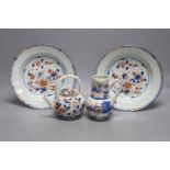 A pair of 18th century Chinese Imari style dishes, diameter 22.5cm, together with a similar