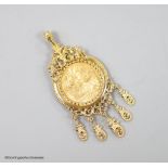 A Victoria 1900 gold sovereign, in a modern 9ct gold pendant tassel drop mount, gross 18 grams.