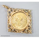 A George V 1912 gold sovereign, in a modern 9ct gold pendant mount, gross 10.4 grams.