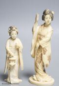Two Japanese ivory figures of bijin, early 20th century, one signed to the base, height 17.5cm