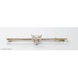 A late Victorian 15ct, pt and rose cut diamond set fox head bar brooch, 56mm, gross weight 3.4