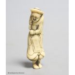 An 18th century Japanese stag antler netsuke of a Dutchman, 7cm