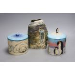 Two Sally Tuffin jars and covers for Dennis China Works, a Kath Bonson pottery vase of a cyclist