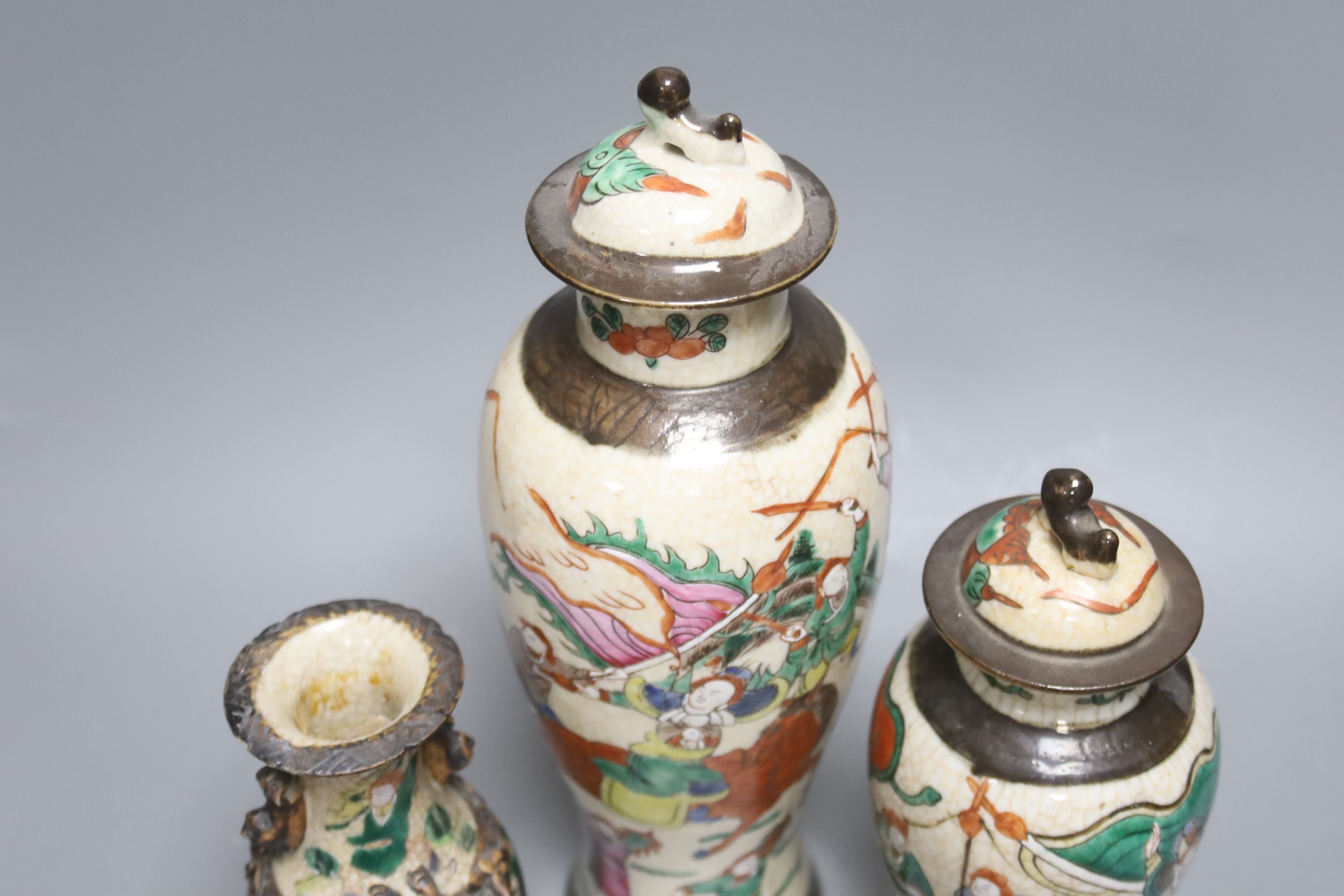 Three early 20th century Chinese crackle glaze vases, two with covers, tallest 33.5cm - Image 3 of 5