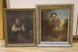 Victorian School, oil on canvas, Study of a boy angler, 24 x 19cm and an oleograph after Rembrandt