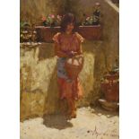 L. De. Cesar, oil on panel, Italian girl at the well, signed, 40 x 30cm