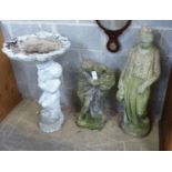 Two reconstituted stone garden statues and a bird bath, largest height 99cm