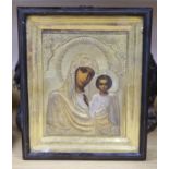 Russian School, tempera on panel, Icon of the Virgin and Child, with silver gilt oklad, 22 x 17cm,