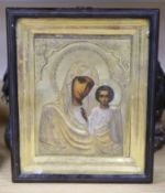 Russian School, tempera on panel, Icon of the Virgin and Child, with silver gilt oklad, 22 x 17cm,