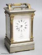 A silvered and gilt brass Corinthian pattern carriage clock, height 17cm