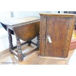 19th century oak corner cupboard, 55 cm high and oak drop side table, 49.5 cm long