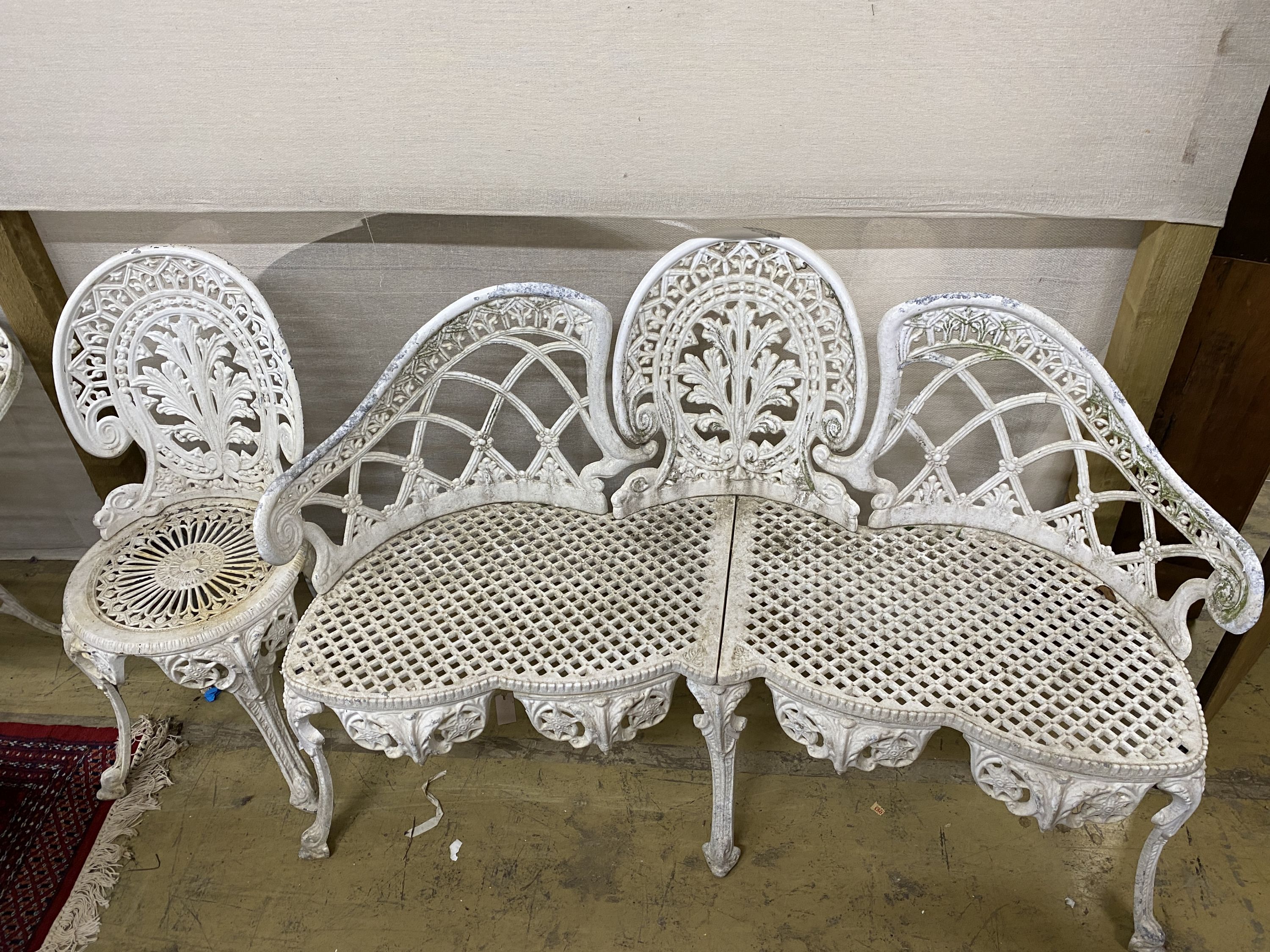 A five piece white painted metal alloy garden suite comprising two benches, length 137cm, pair of - Image 5 of 5