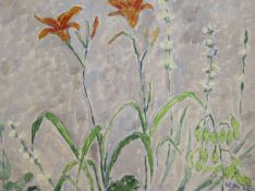 Kate Orr, oil on board, Still life of lilies, signed, 45 x 60cm